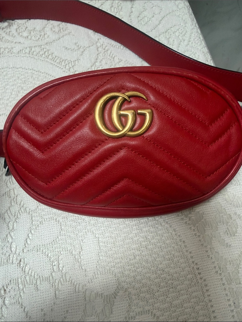 Gucci Red Leather GG Marmont Mini Belt Bag with Gold Hardware
